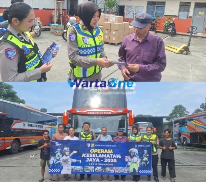 Sat lantas Polres Tangsel Sosialisasi Tertib Berlalu Lintas dalam Ops Keselamatan Jaya 2026 di Pool Bus Rosalia Indah Ciputat
