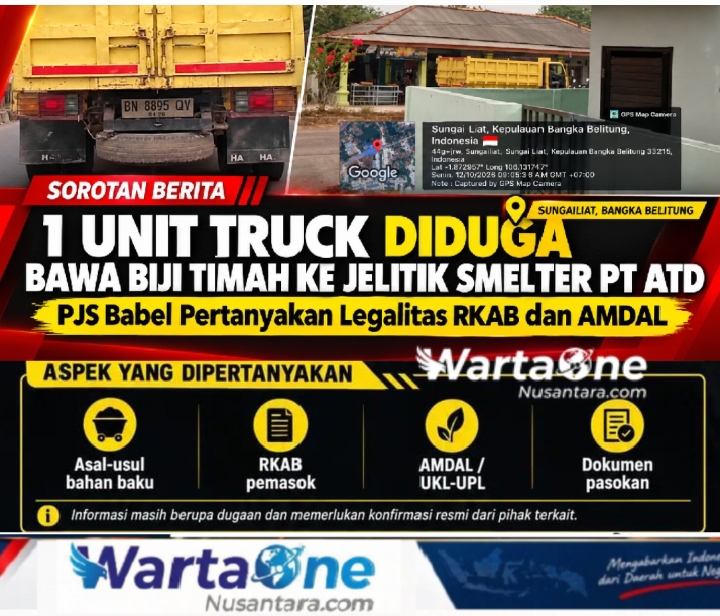 1 Unit Truck Diduga Bawa Biji Timah ke Jelitik Smelter PT ATD, PJS Babel Pertanyakan Legalitas RKAB dan AMDAL